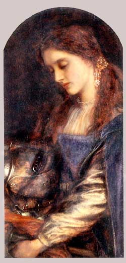 Young damsel holding her knight's helmet.