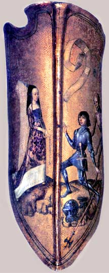 A parade shield, painted to look like one that Sir Lancelot was supposed to have carried, showing his submission to Queen Guenevere.